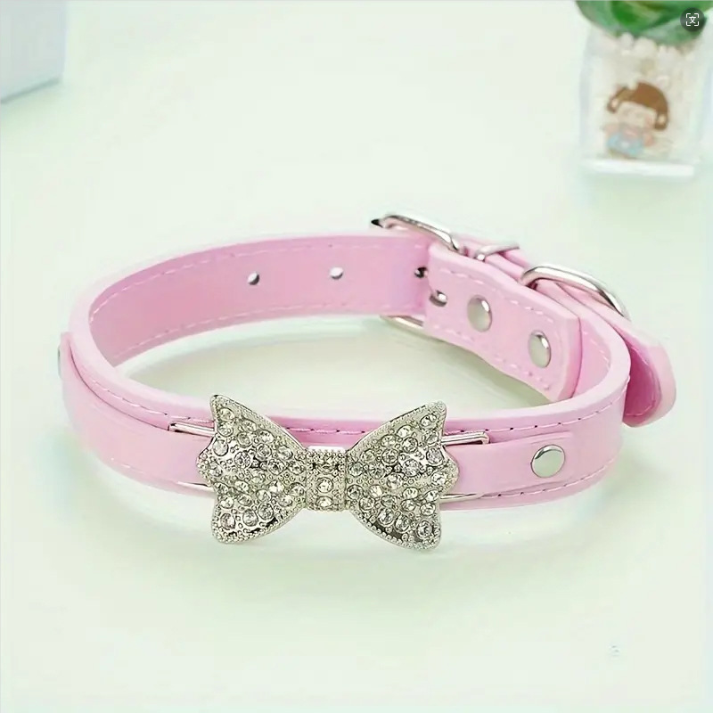 Cat Puppy Bling Collar Rhinestone Bow Tie Adjustable PU Leather Pet Dog Collar