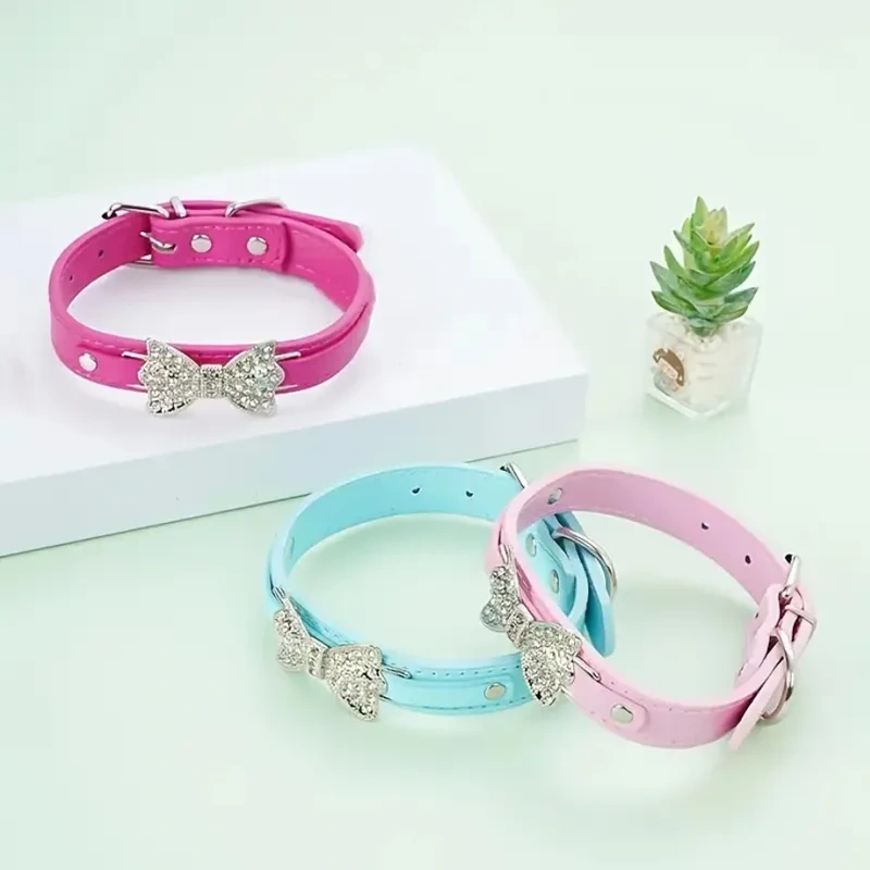 Cat Puppy Bling Collar Rhinestone Bow Tie Adjustable PU Leather Pet Dog Collar