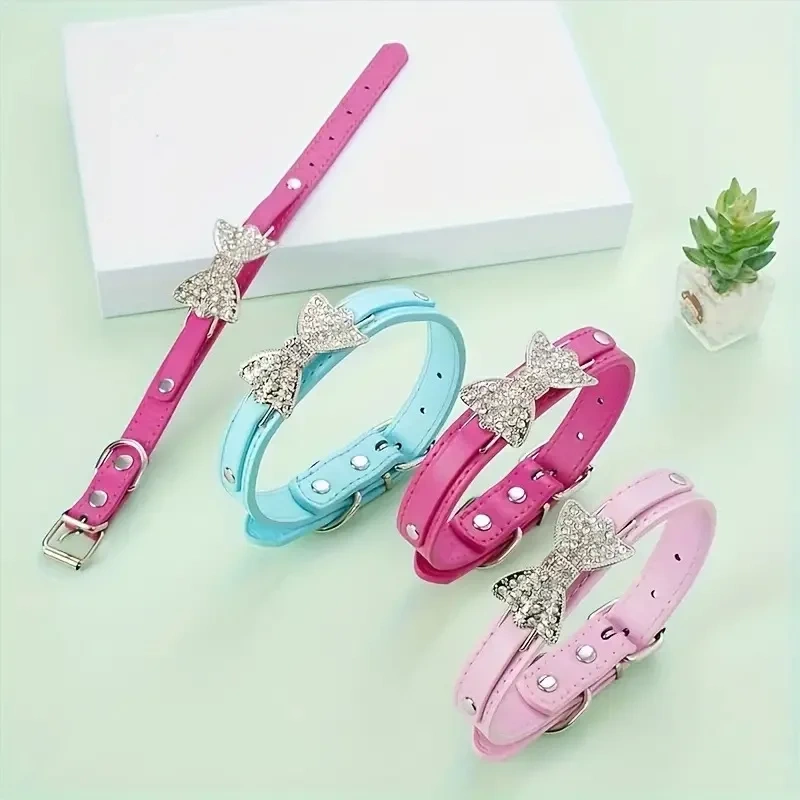 Cat Puppy Bling Collar Rhinestone Bow Tie Adjustable PU Leather Pet Dog Collar