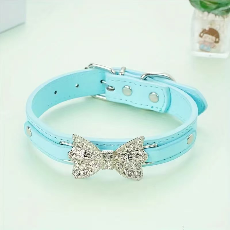 Cat Puppy Bling Collar Rhinestone Bow Tie Adjustable PU Leather Pet Dog Collar