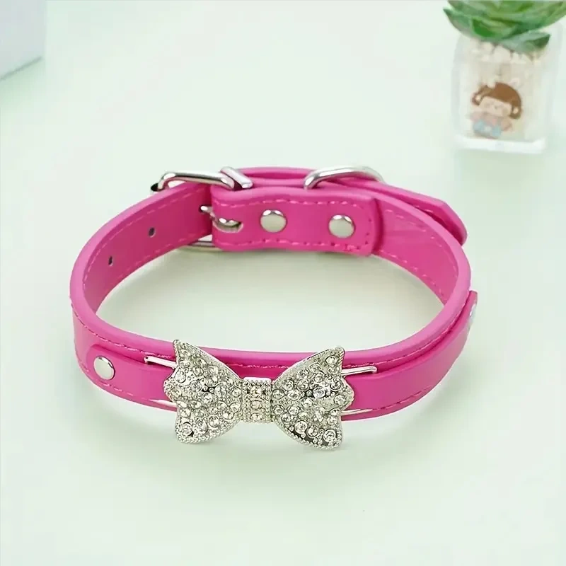 Cat Puppy Bling Collar Rhinestone Bow Tie Adjustable PU Leather Pet Dog Collar