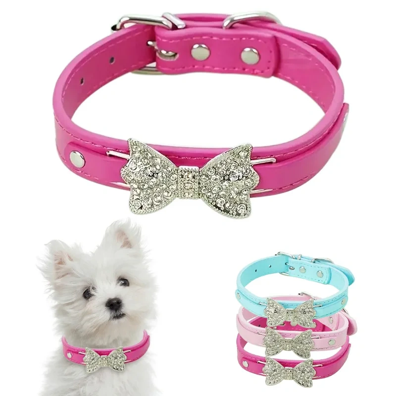 Cat Puppy Bling Collar Rhinestone Bow Tie Adjustable PU Leather Pet Dog Collar