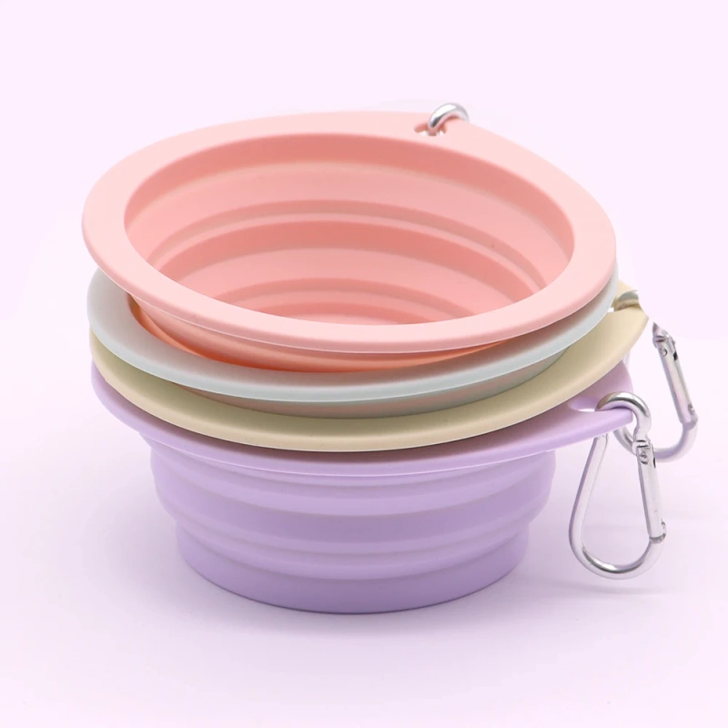 Collapsible Pet Silicone Dog Food Water Bowl  Macaron Color Outdoor Travel Portable Folding Supplies Dishes with Carabiner