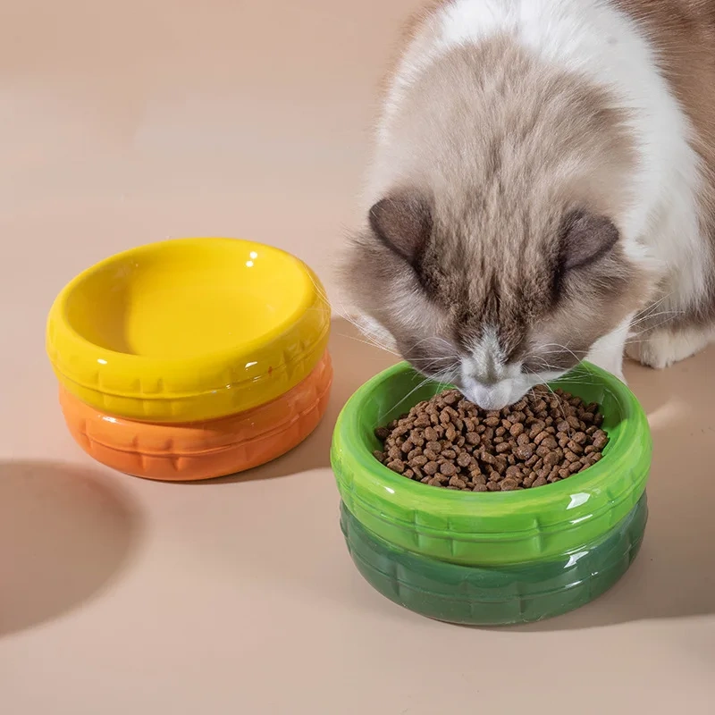 Ceramic Cat Bowl, Shallow Whisker Fatigue Free Dish with Unique Tire Design for Wet or Dry Food