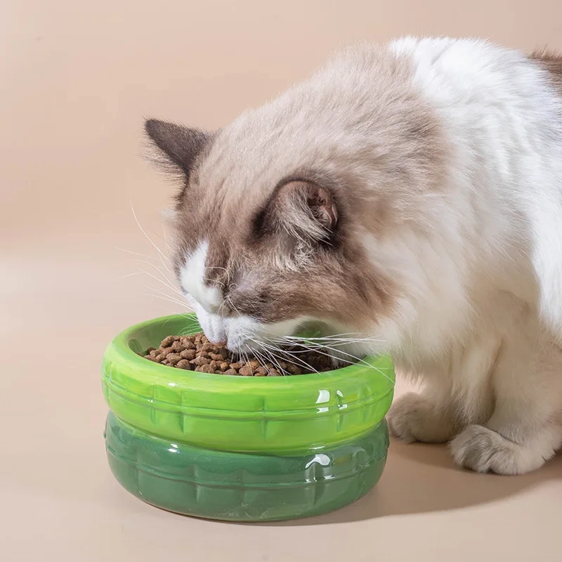 Ceramic Cat Bowl, Shallow Whisker Fatigue Free Dish with Unique Tire Design for Wet or Dry Food
