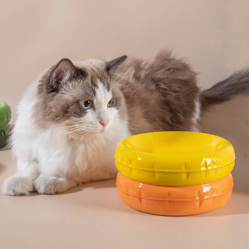 Ceramic Cat Bowl, Shallow Whisker Fatigue Free Dish with Unique Tire Design for Wet or Dry Food