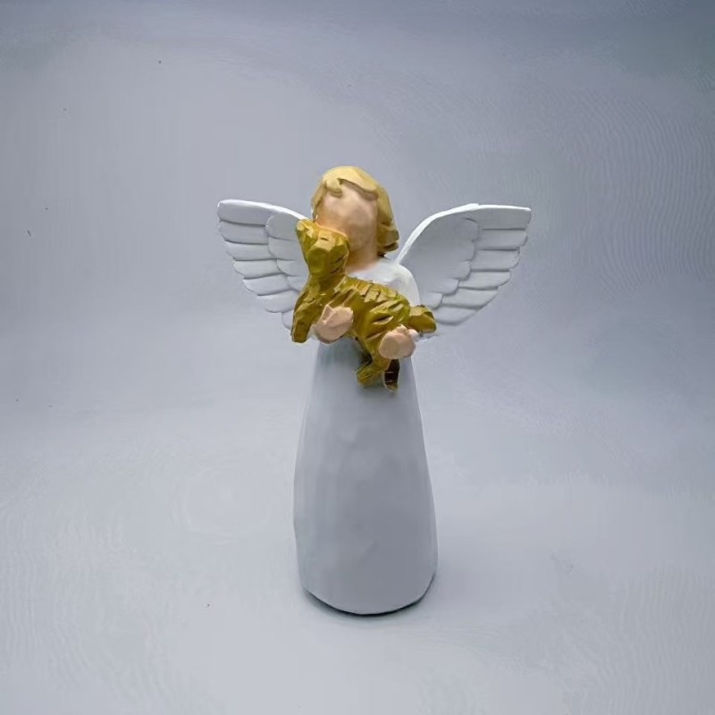 White Wing Angel Resin Sculpture Holding Dog European Style Memorial Souvenir