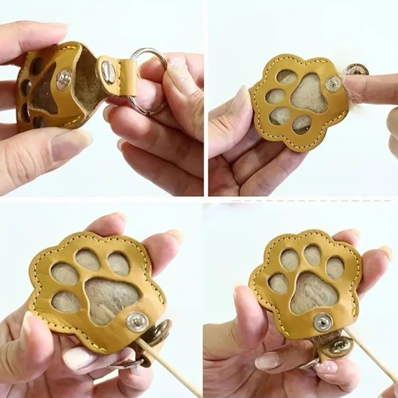 Leather Memorial Pet Hair Storage Bag Cat Paw Keychain Handmade Homemade Pet Memorial Keychain
