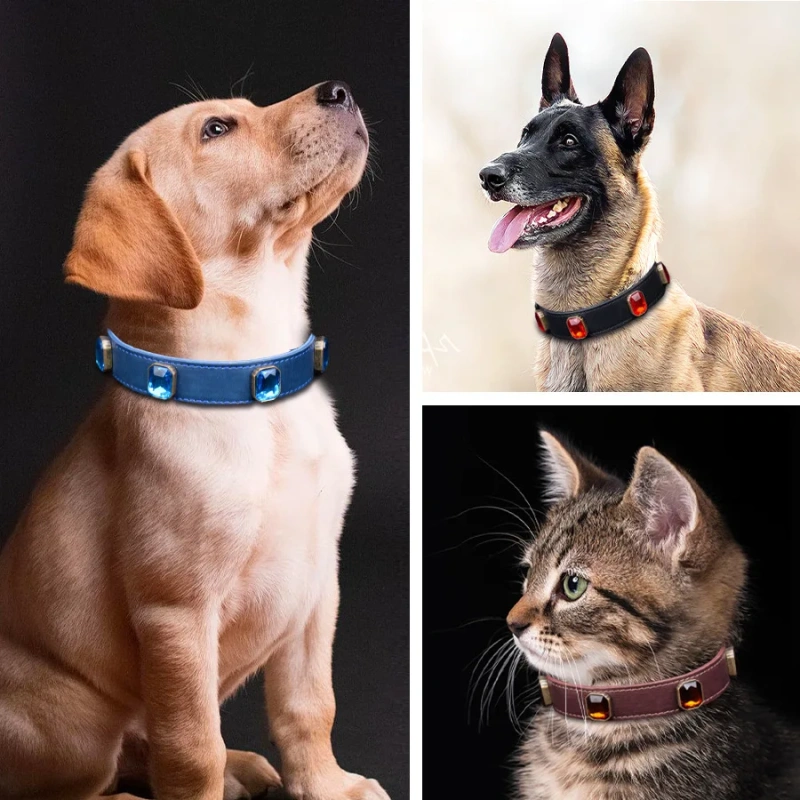 Luxury Water Diamond Crystal Bling Cat and Dog Necklace Rhinestones Puppy Dog Collar PU Leather