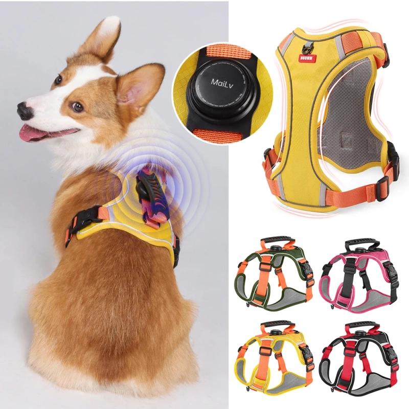 Reflective Dog Harness with Airtag Holder, Escape Proof Anti Lost Pet Vest, Highly Visible Adjustable Safety GPS tracking