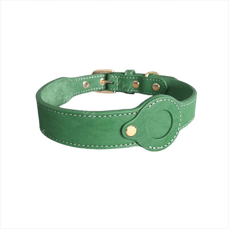 Genuine Leather Dog Collar for Apple AirTag – Full Grain Detachable Tracker Holder, Handmade Pet Tracking Collar