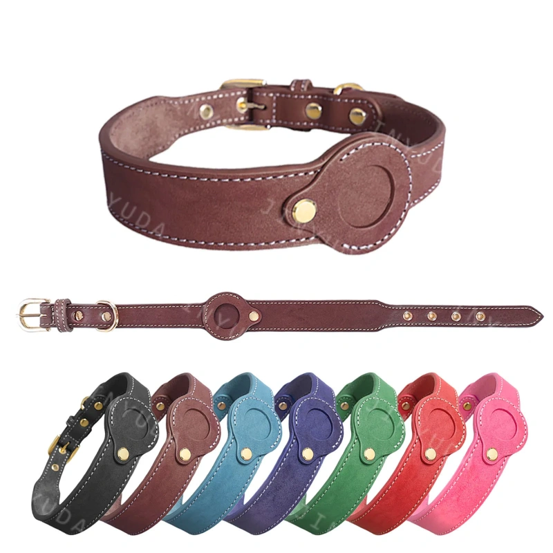 Genuine Leather Dog Collar for Apple AirTag – Full Grain Detachable Tracker Holder, Handmade Pet Tracking Collar