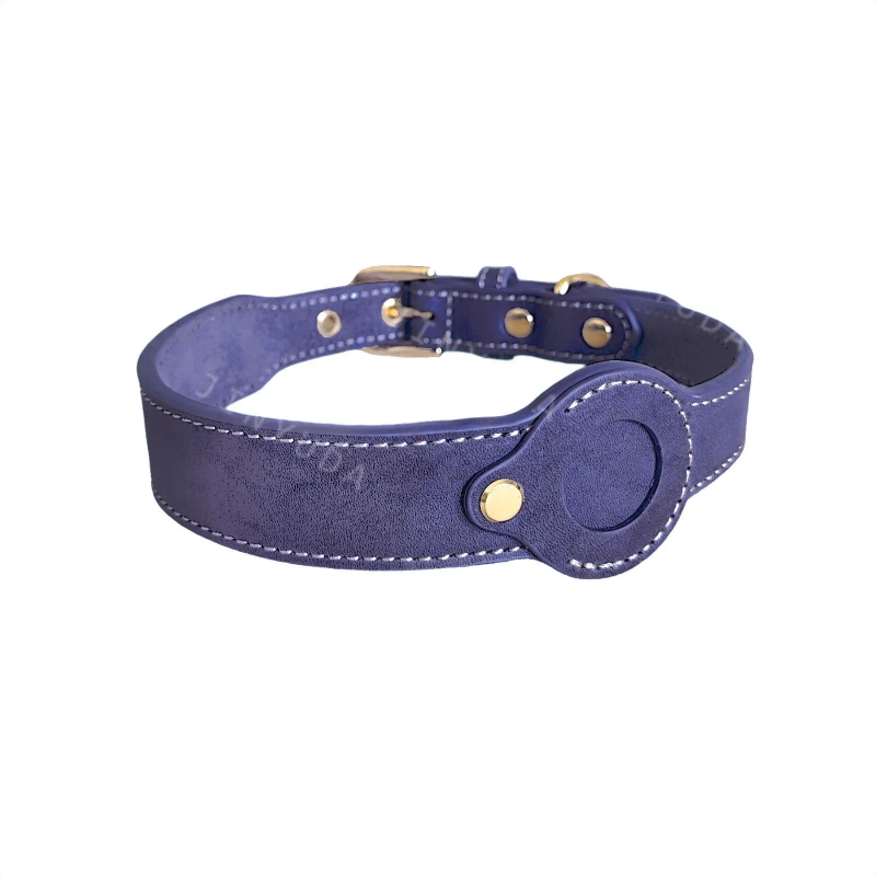 Genuine Leather Dog Collar for Apple AirTag – Full Grain Detachable Tracker Holder, Handmade Pet Tracking Collar