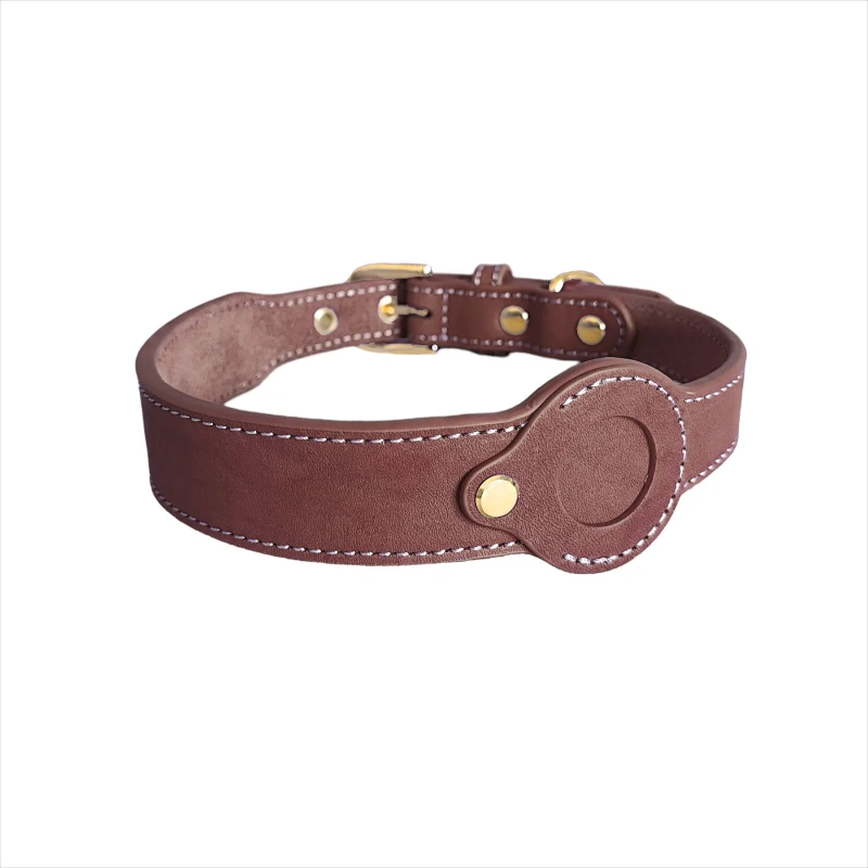 Genuine Leather Dog Collar for Apple AirTag – Full Grain Detachable Tracker Holder, Handmade Pet Tracking Collar