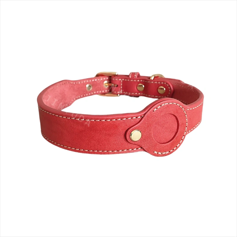 Genuine Leather Dog Collar for Apple AirTag – Full Grain Detachable Tracker Holder, Handmade Pet Tracking Collar