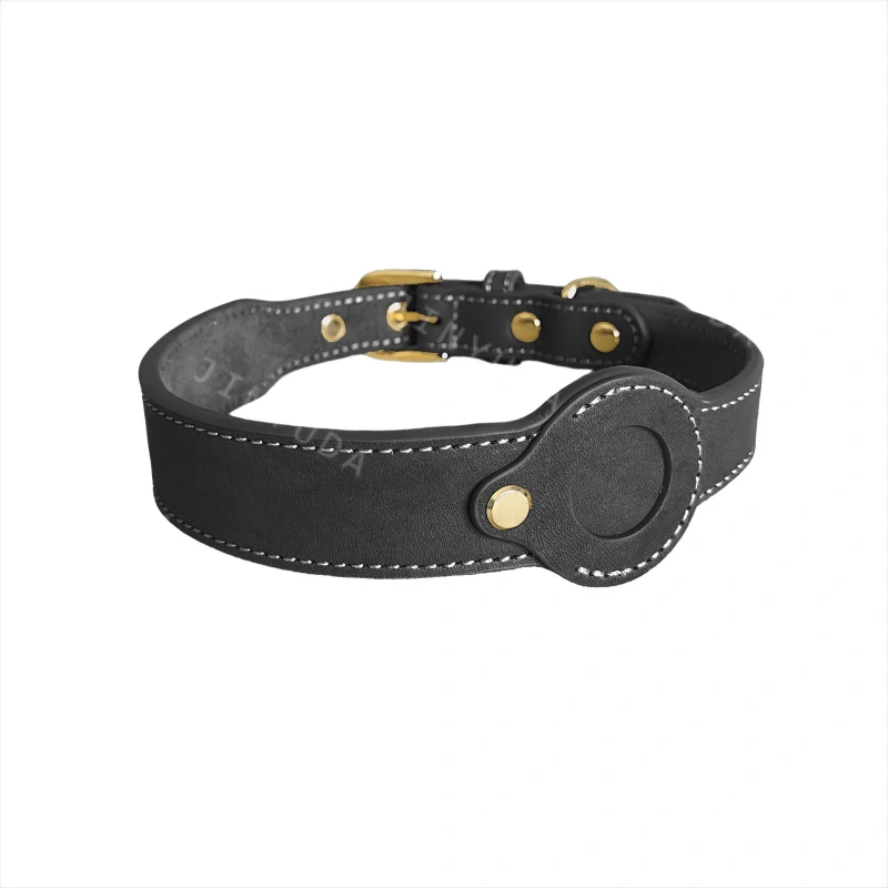 Genuine Leather Dog Collar for Apple AirTag – Full Grain Detachable Tracker Holder, Handmade Pet Tracking Collar