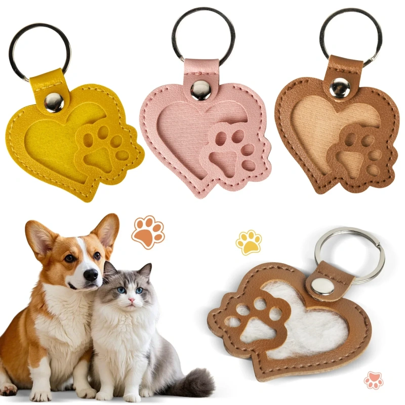 Commemorative Pet Hair Storage Bag Heart Keychain Leather Cat Paw Keyring Diy Memorial Key Chain Cat Dog Fur Container Pendant