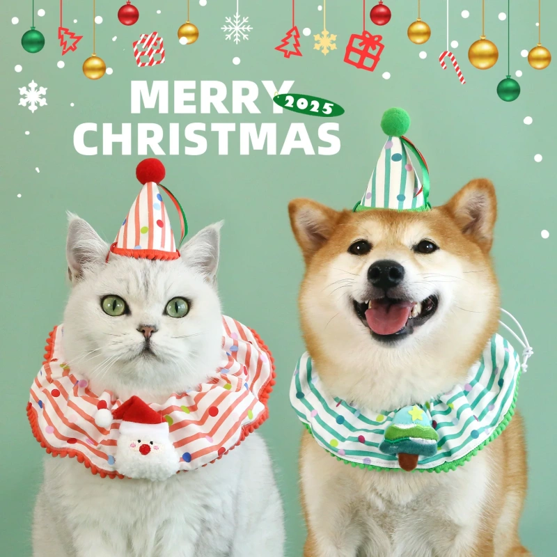 Pet Autumn and Winter Striped Scarf Christmas Pet Lace Set Christmas Tree Santa Claus Collar Hat Cat and Dog Accessories