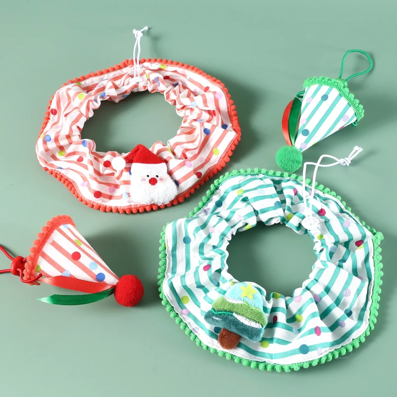 Pet Autumn and Winter Striped Scarf Christmas Pet Lace Set Christmas Tree Santa Claus Collar Hat Cat and Dog Accessories