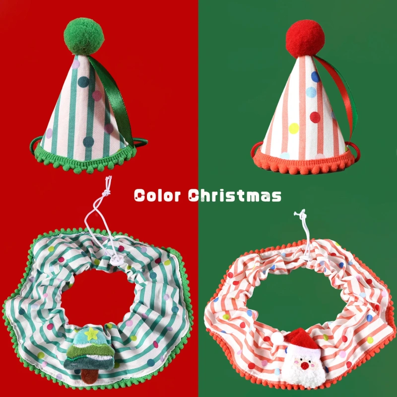 Pet Autumn and Winter Striped Scarf Christmas Pet Lace Set Christmas Tree Santa Claus Collar Hat Cat and Dog Accessories