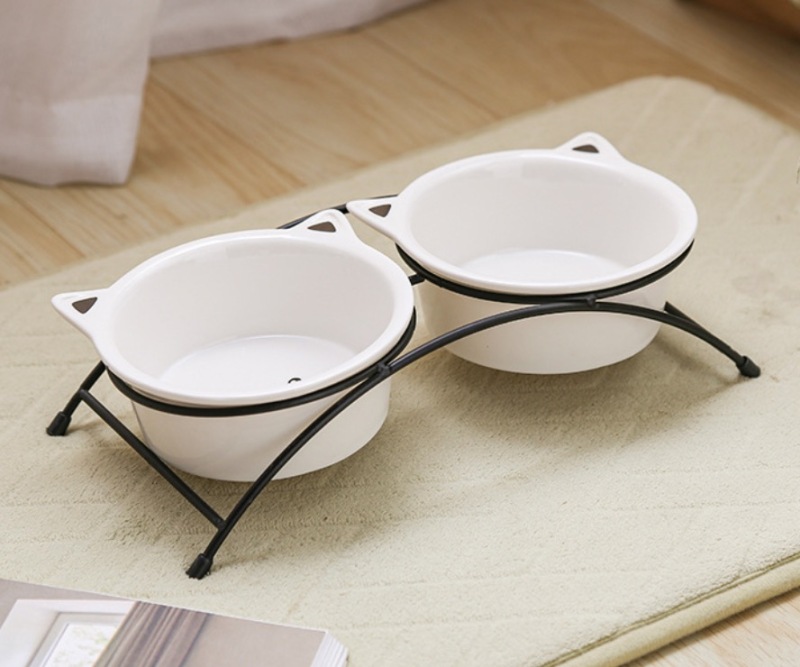 Pet ceramic iron stand double bowl