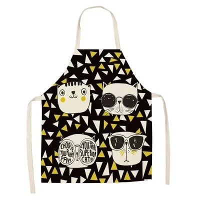 1Pcs Apron Cotton Linen Cooking Cute Cat Printed Home Sleeveless Aprons Men Women Baking Accessories Household Kitchen Supplies