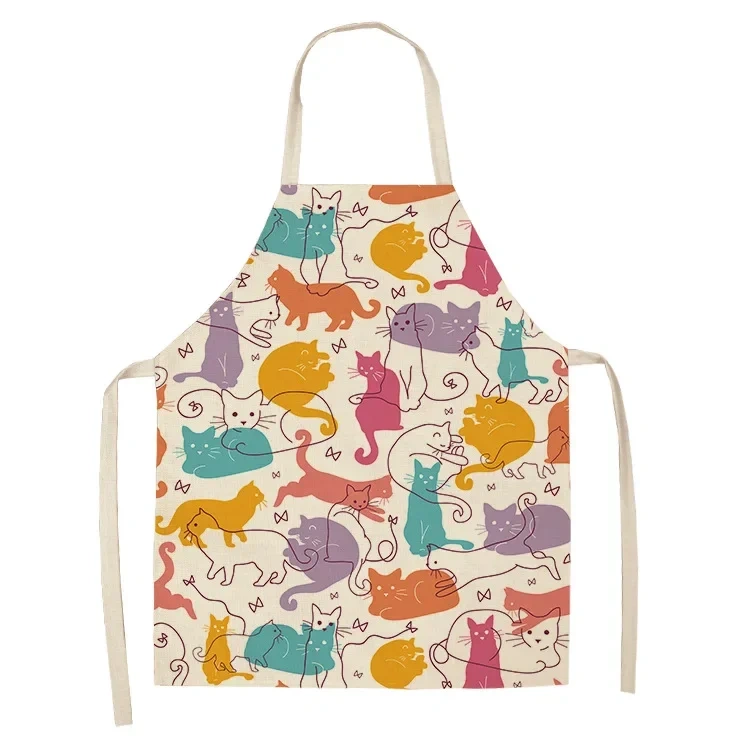 1Pcs Apron Cotton Linen Cooking Cute Cat Printed Home Sleeveless Aprons Men Women Baking Accessories Household Kitchen Supplies