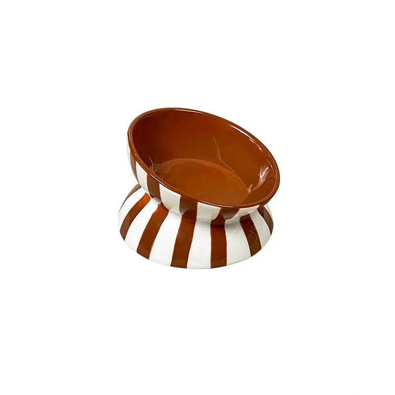 Elevated Striped Ceramic Pet Bowl – Anti-Slip Raised Food and Water Feeder for Cats and Small Dogs, Stylish Non-Tip Design