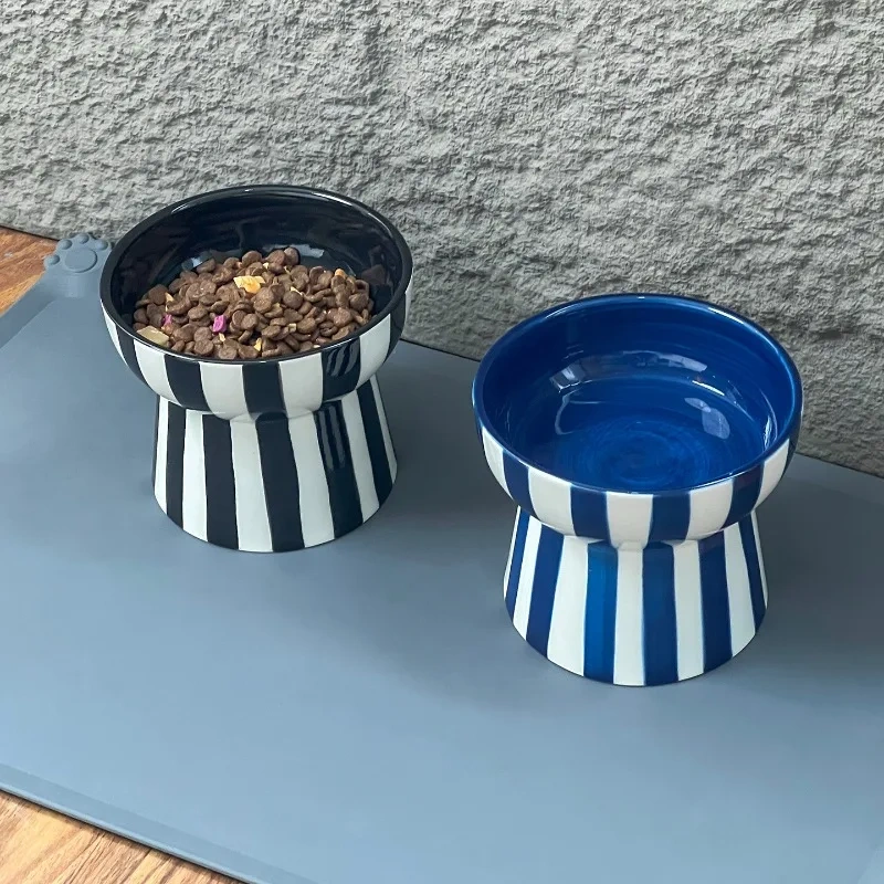 Elevated Striped Ceramic Pet Bowl – Anti-Slip Raised Food and Water Feeder for Cats and Small Dogs, Stylish Non-Tip Design