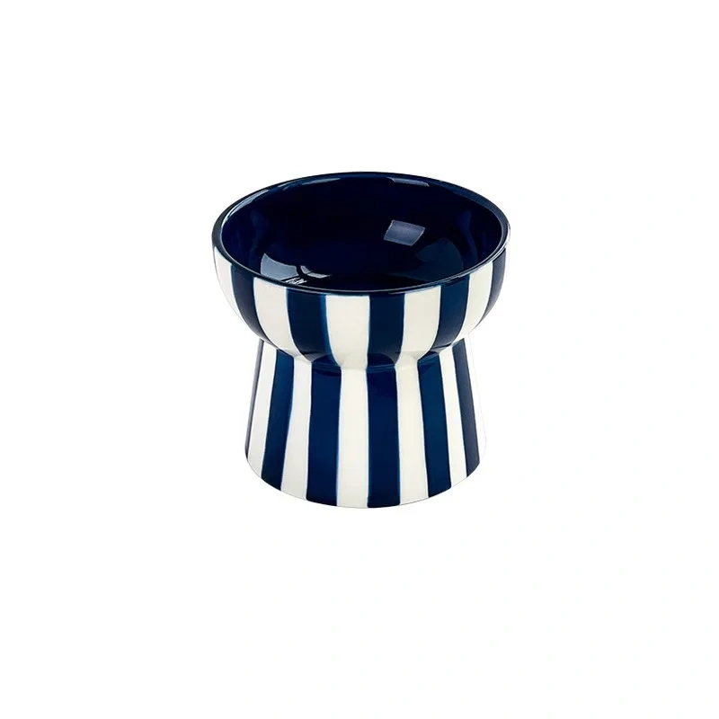 Elevated Striped Ceramic Pet Bowl – Anti-Slip Raised Food and Water Feeder for Cats and Small Dogs, Stylish Non-Tip Design