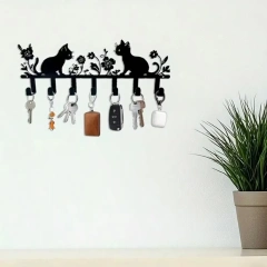 HOMESTYLECAT Pastel Cat & Flower Metal Hook | Lacquered Keychain | Glossy Finish for Wall Organization