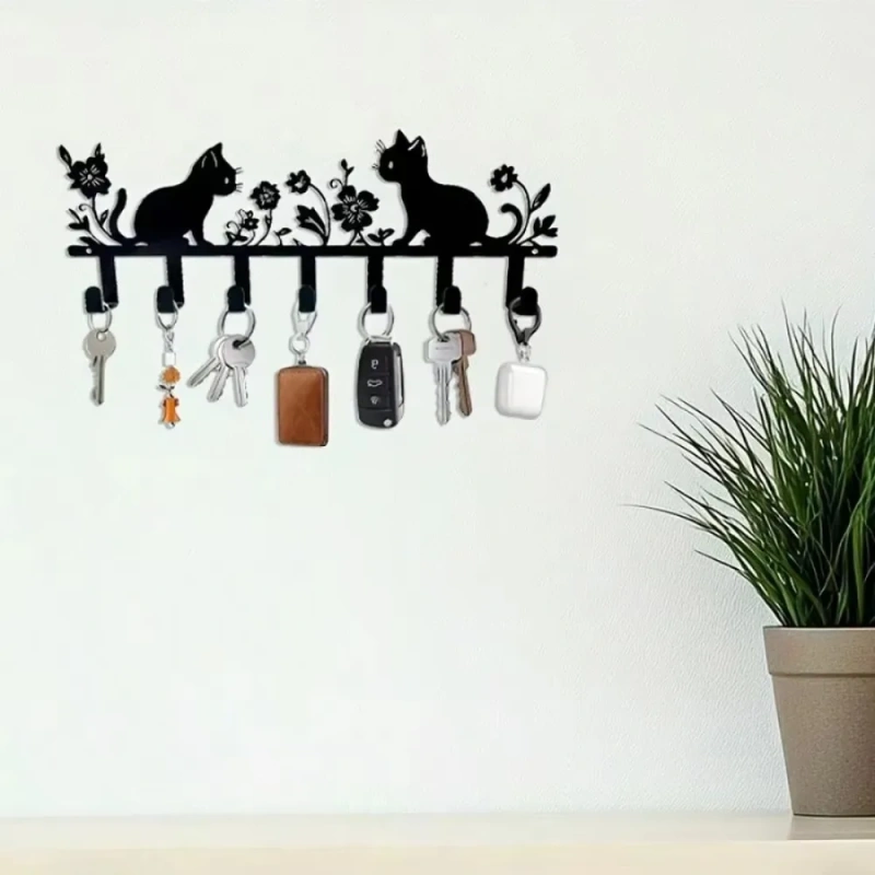 HOMESTYLECAT Pastel Cat & Flower Metal Hook | Lacquered Keychain | Glossy Finish for Wall Organization