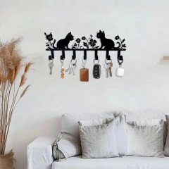 HOMESTYLECAT Pastel Cat & Flower Metal Hook | Lacquered Keychain | Glossy Finish for Wall Organization