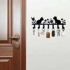 HOMESTYLECAT Pastel Cat & Flower Metal Hook | Lacquered Keychain | Glossy Finish for Wall Organization