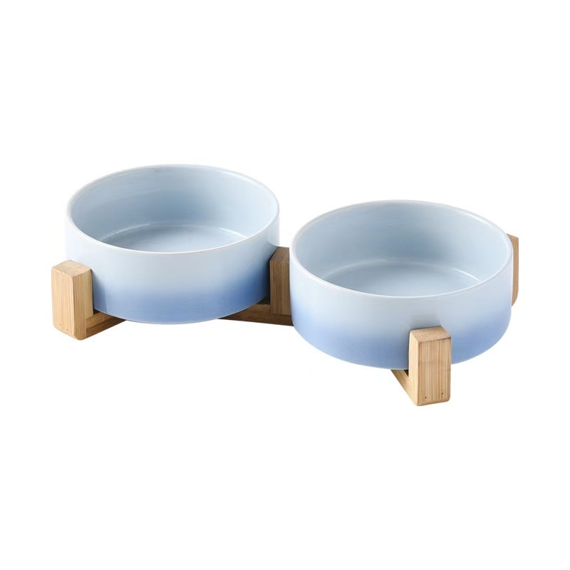 Gradient Color Cat Food Bowl Ceramic Wood Stand Elevated Cat Bowls Pet Dog Bowl