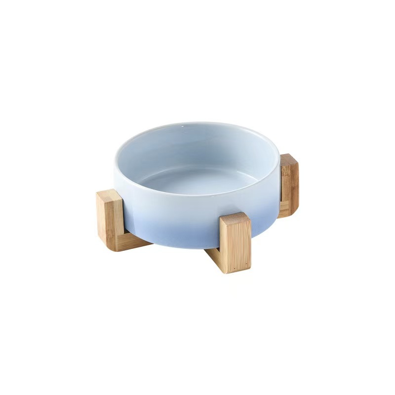 Gradient Color Cat Food Bowl Ceramic Wood Stand Elevated Cat Bowls Pet Dog Bowl