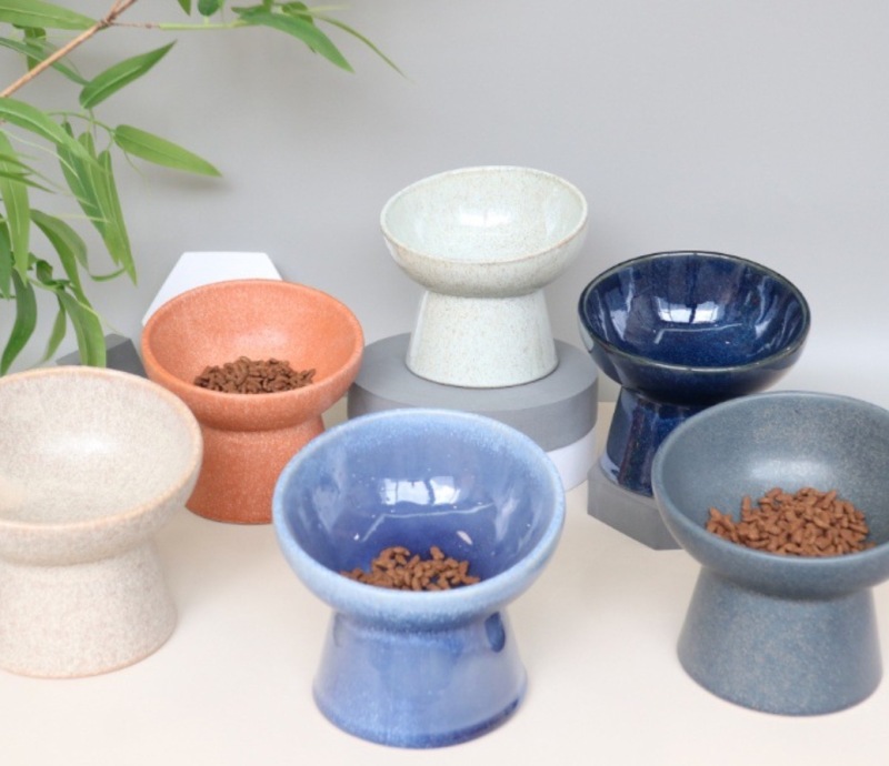 Ceramic pet bowl with slanted rim