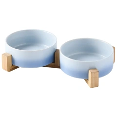 Gradient Color Cat Food Bowl Ceramic Wood Stand Elevated Cat Bowls Pet Dog Bowl