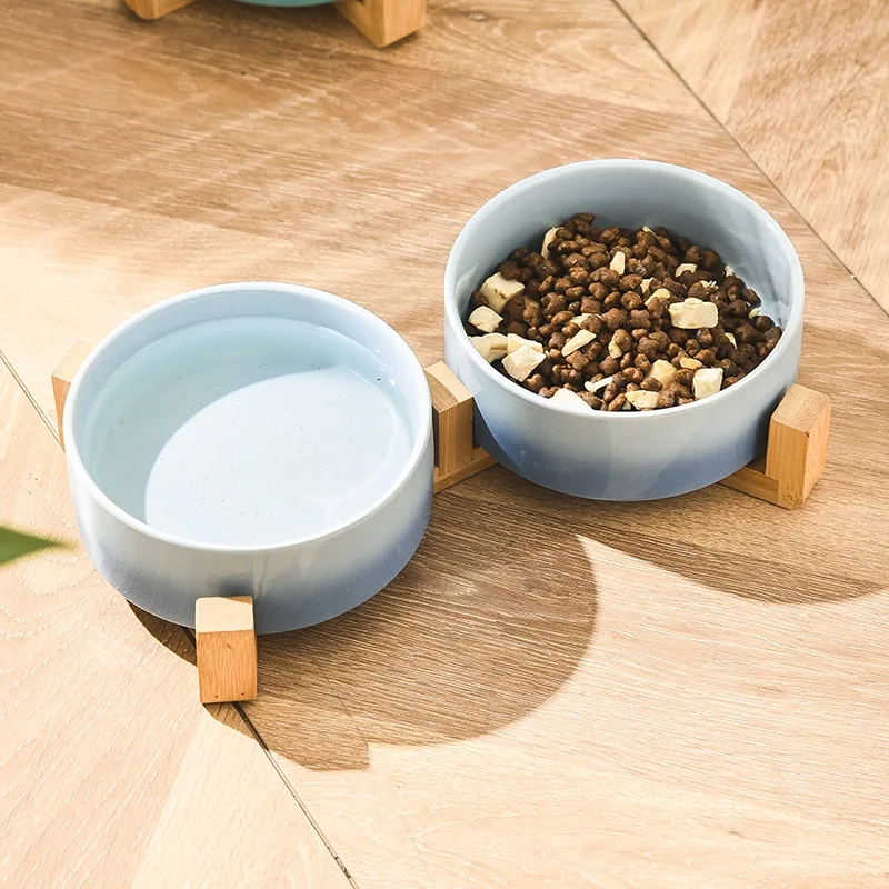 Gradient Color Cat Food Bowl Ceramic Wood Stand Elevated Cat Bowls Pet Dog Bowl