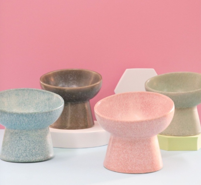 Ceramic pet bowl with slanted rim