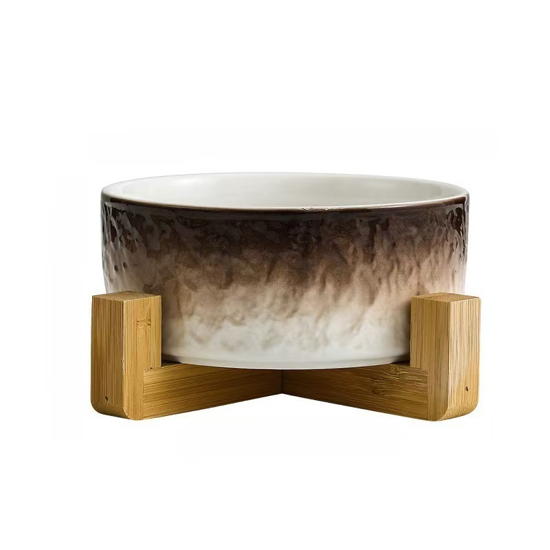 Ceramic Dog Cat Bowl with Wood Stand for Food and Water Elevated Raised Cat Food Bowls