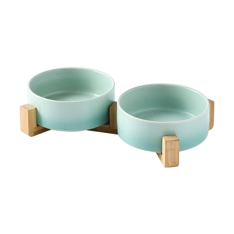 Gradient Color Cat Food Bowl Ceramic Wood Stand Elevated Cat Bowls Pet Dog Bowl
