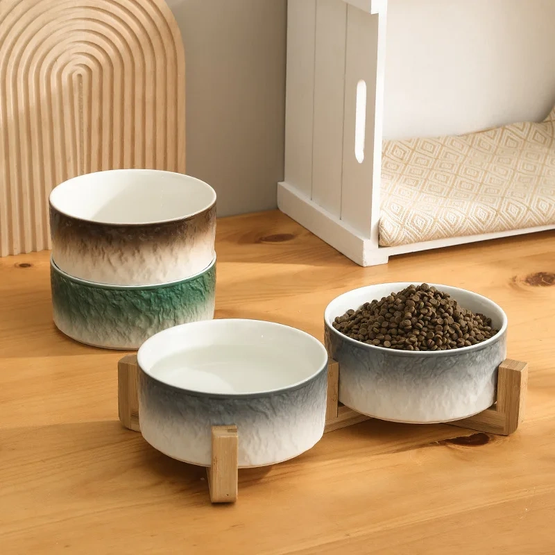 Ceramic Dog Cat Bowl with Wood Stand for Food and Water Elevated Raised Cat Food Bowls