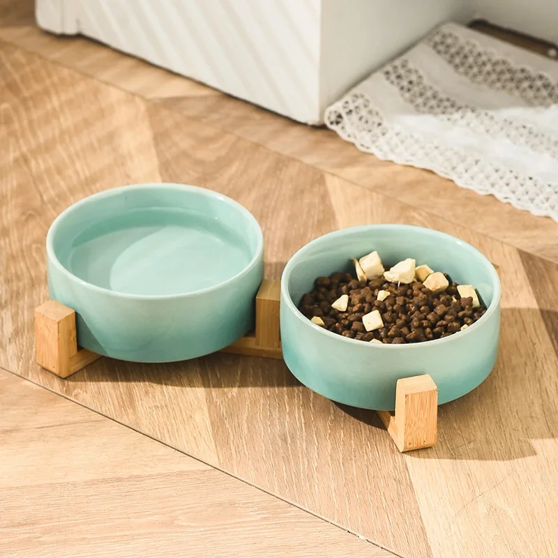 Gradient Color Cat Food Bowl Ceramic Wood Stand Elevated Cat Bowls Pet Dog Bowl