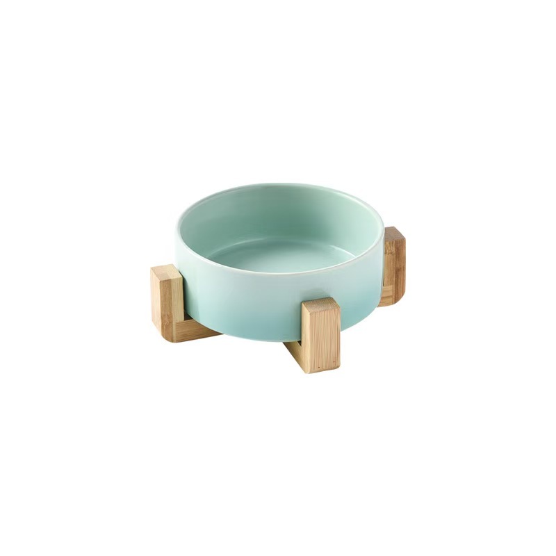 Gradient Color Cat Food Bowl Ceramic Wood Stand Elevated Cat Bowls Pet Dog Bowl