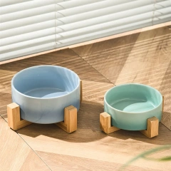 Gradient Color Cat Food Bowl Ceramic Wood Stand Elevated Cat Bowls Pet Dog Bowl