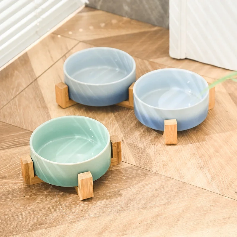 Gradient Color Cat Food Bowl Ceramic Wood Stand Elevated Cat Bowls Pet Dog Bowl