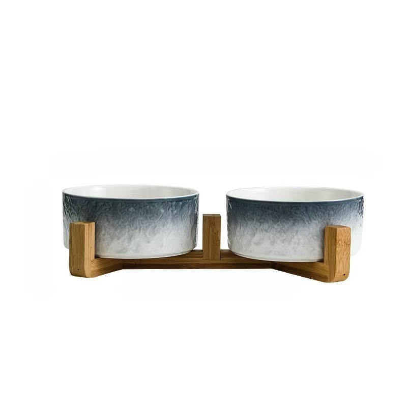 Ceramic Dog Cat Bowl with Wood Stand for Food and Water Elevated Raised Cat Food Bowls