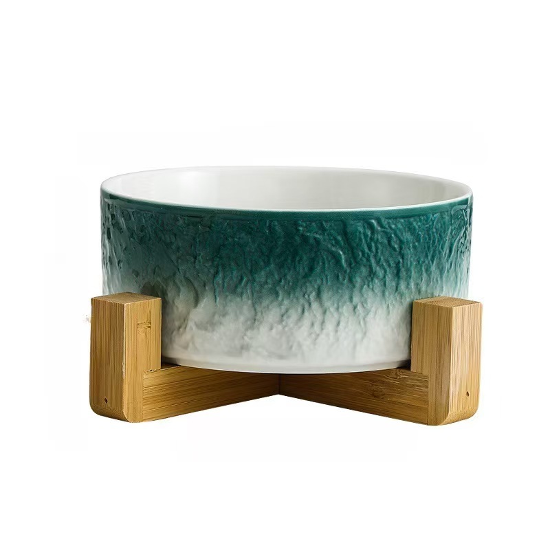 Ceramic Dog Cat Bowl with Wood Stand for Food and Water Elevated Raised Cat Food Bowls
