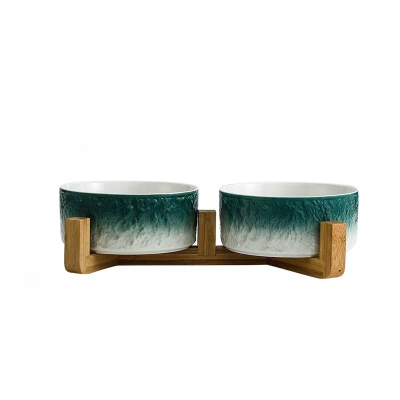 Ceramic Dog Cat Bowl with Wood Stand for Food and Water Elevated Raised Cat Food Bowls